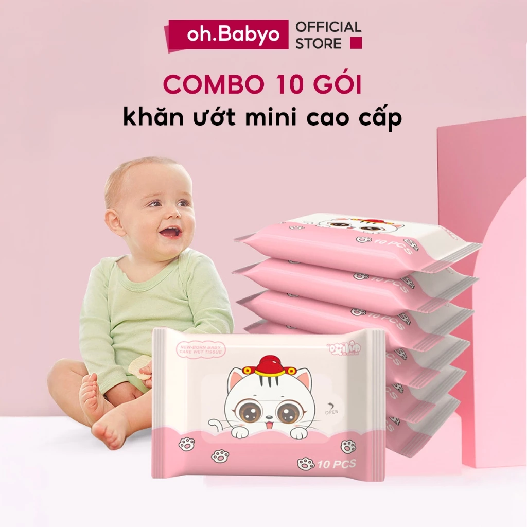 COMBO 10 Gói Khăn Ướt Mini Cao Cấp Cho Bé ohBabyo Mềm Mại Không Mùi Không Cồn Nhỏ Gọn An Toàn Đi Học