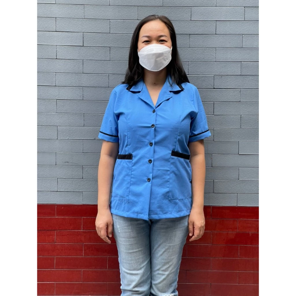 Áo xanh ngắn tay phối đen 2 túi  tạp vụ, công nhân dọn dẹp tại khách sạn, bệnh viện, phòng khám, phòng tập GYM