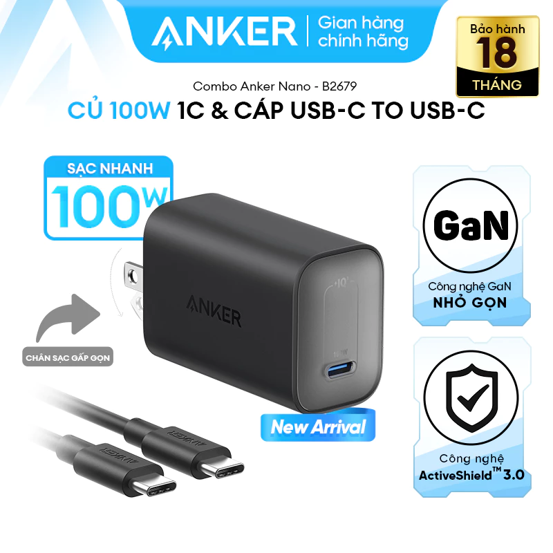 [LIVE] Bộ sạc Anker Nano GaN 100W GaN - 1 cổng USB-C - Kèm Cáp sạc 1.8m USB-C có thể sạc laptop, hỗ trợ PPS 2.0 - B2679
