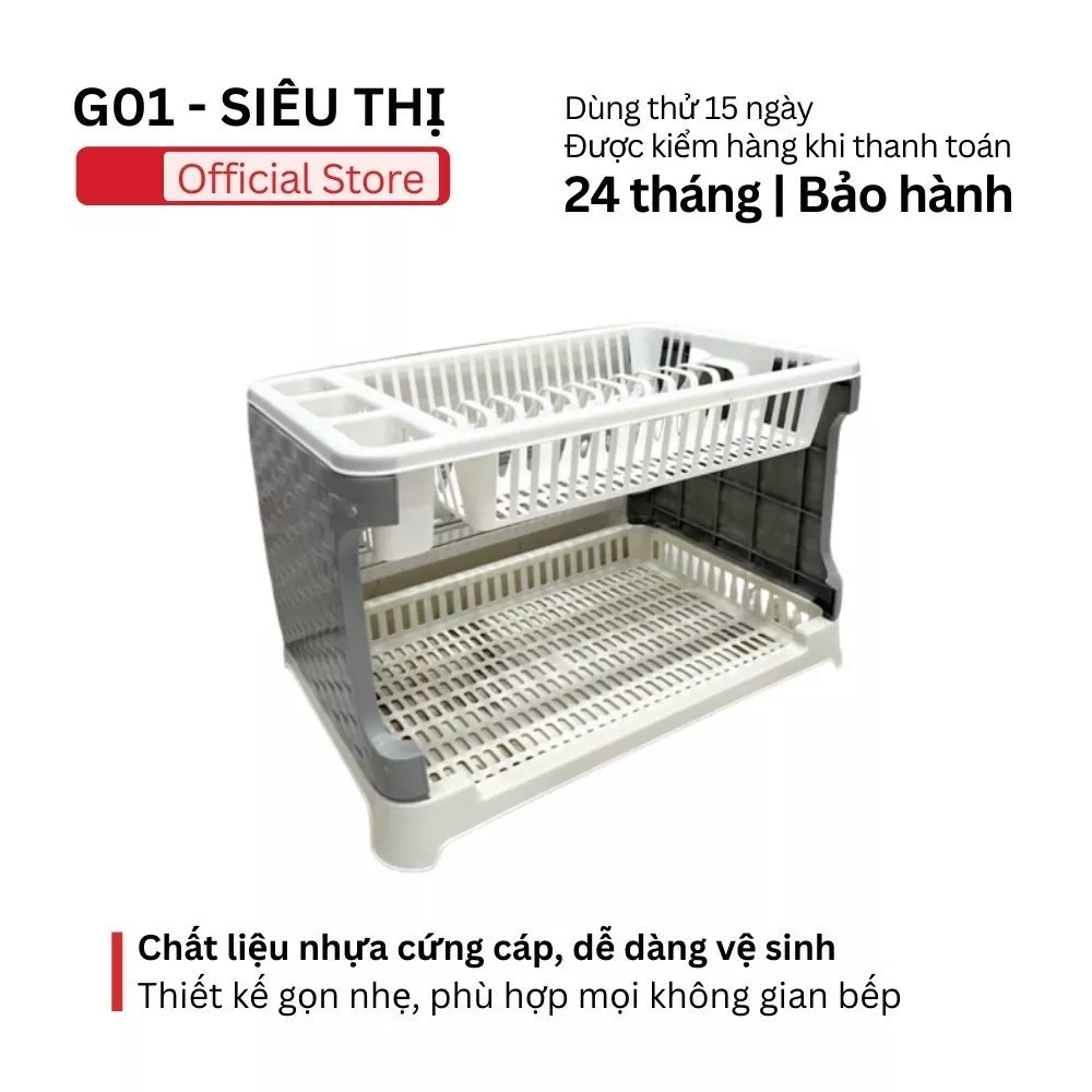 Kệ úp bát đĩa 2 tầng kèm ống đũa và khay hứng nước, chất liệu nhựa PP bền đẹp và tiện dụng