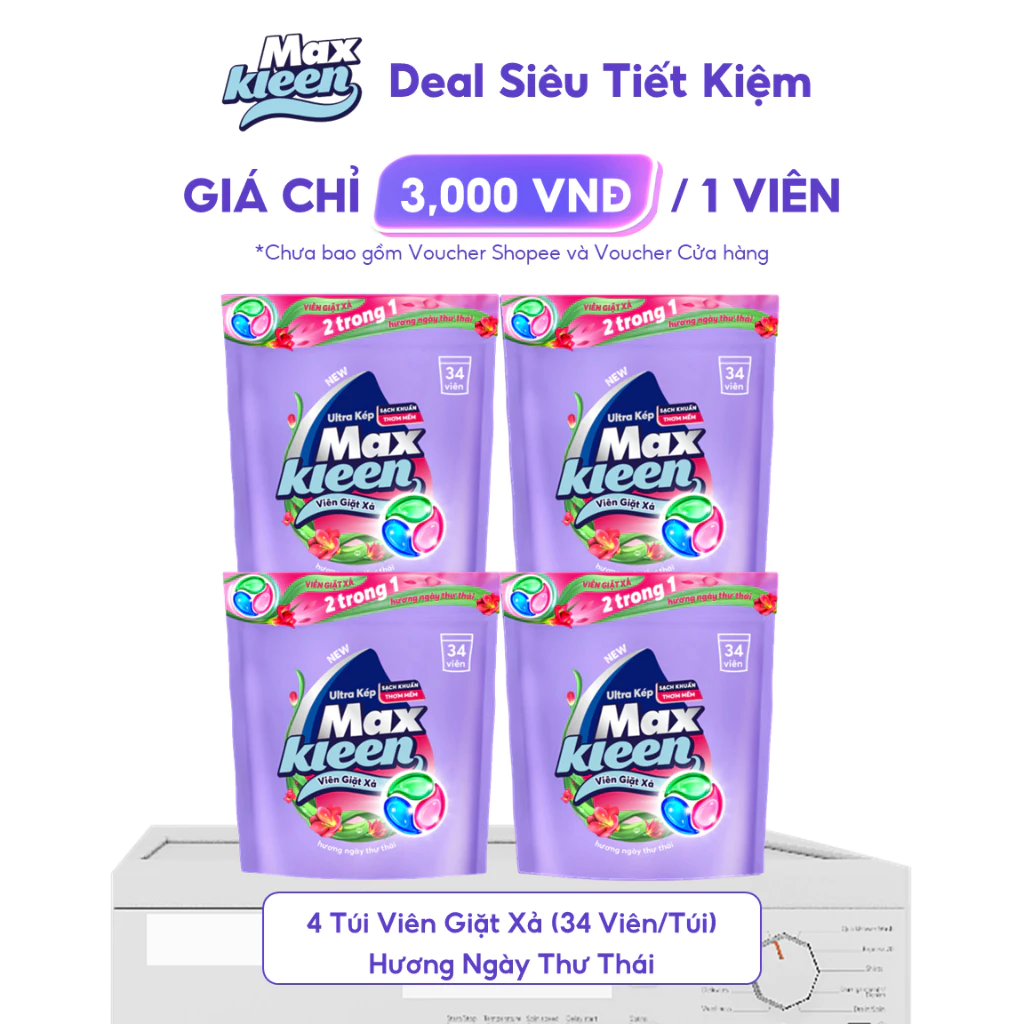 [Live New] Combo 4 Túi Viên Giặt Xả MaxKleen Hương Ngày Thư Thái / Nước Hoa Huyền Diệu (34 viên/túi)