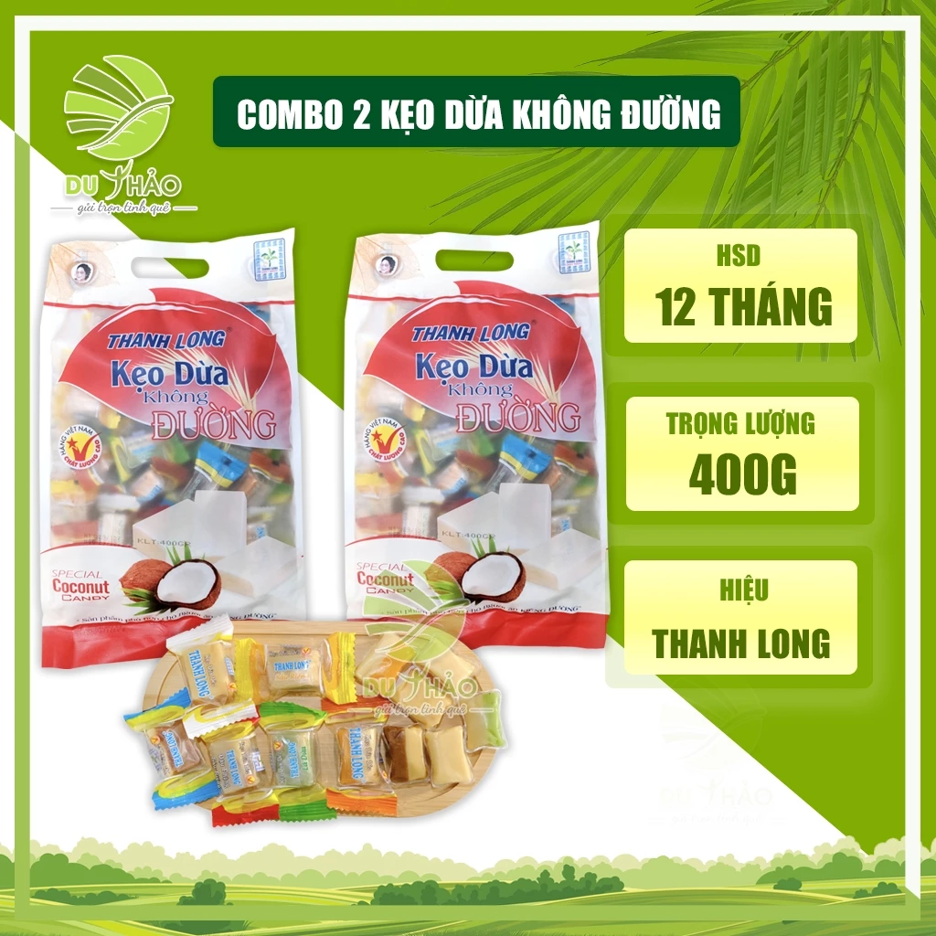 COMBO 2 Kẹo dừa không đường Bến Tre, kẹo dừa thập cẩm THANH LONG nhiều vị túi 400g