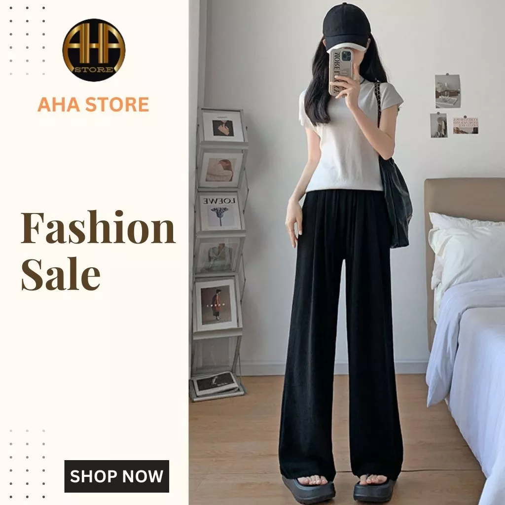 Quần dài nữ ống suông cạp cao AHA STORE  phối áo thun thời trang nữ đẹp  (AH54)