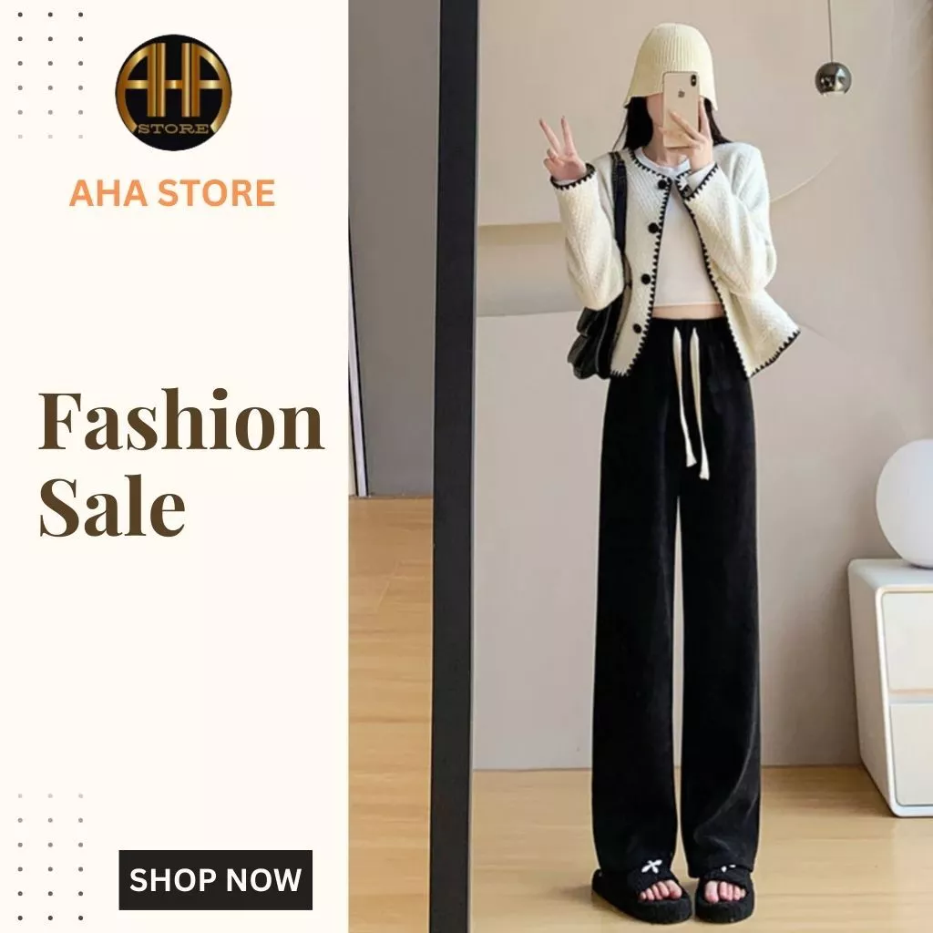 Quần ống rộng nỉ nhung tăm dài ống suông AHA STORE  cạp chun lưng cao dây rút chỉnh eo (AH57)