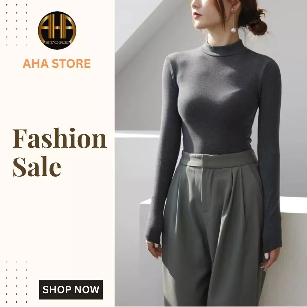 Áo thun kiểu dáng cổ cao AHA STORE nửa cổ tay dài  , áo giữ ấm mùa thu, mỏng và đa năng (AH60)