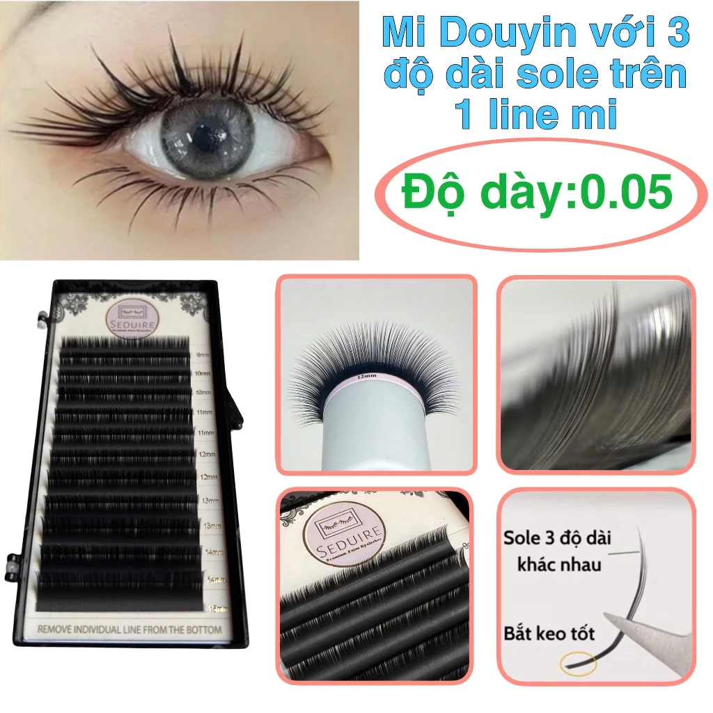 Mi Douyin Trung Hoa độ dày 0,05 với ngọn siêu bay (3 độ dài so le trên 1 line mi), siêu đen, siêu bám keo