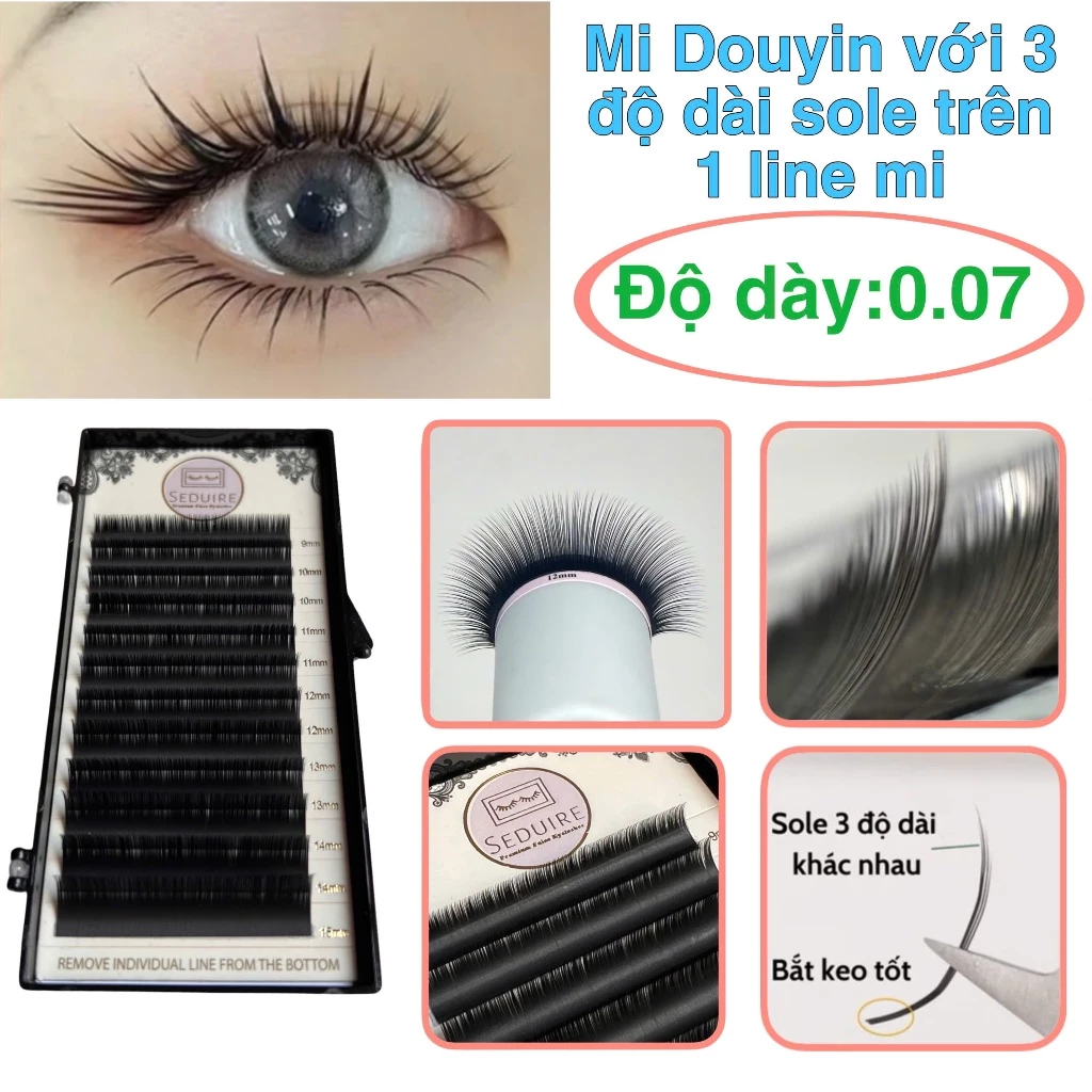 Mi Douyin Trung Hoa độ dày 0,07 với ngọn siêu bay (3 độ dài so le trên 1 line mi), siêu đen, siêu bám keo