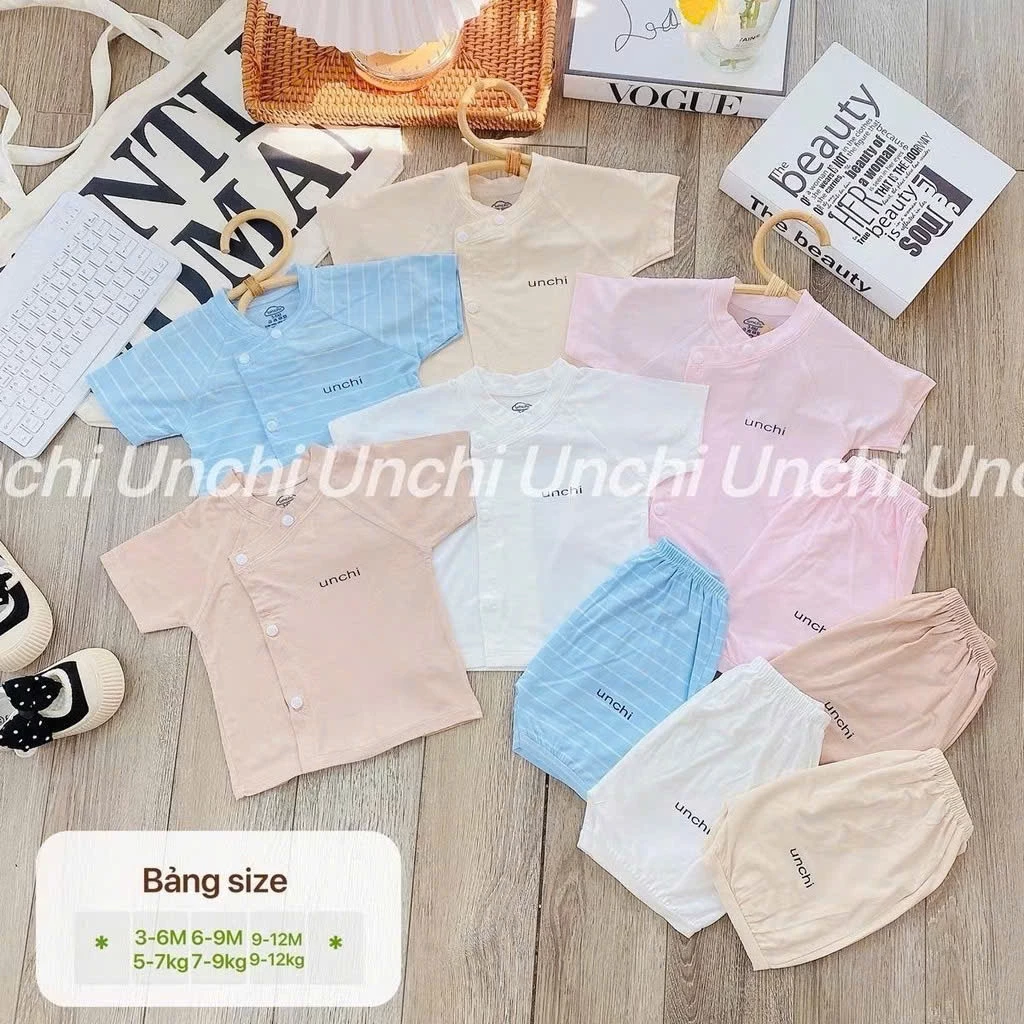 BC8. Bộ quần áo sơ sinh cộc tay Unchi vải petit mềm mịn mỏng mát cho bé từ 3-9kg