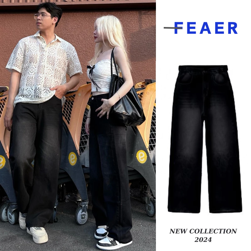 Quần Jean Dài FEAER STORE Unisex Ống Suông Rộng Màu Đen Wash Chất Denim Cao Cấp Phong Cách Retro