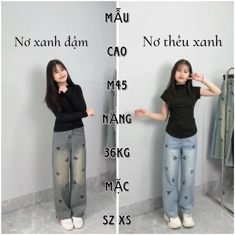 (SUÔNG NẤM LÙN) QUẦN JEANS NỮ THÊU NƠ FULL TOÀN THÂN MÀU XANH BỤI ( 9 tấc - 90cm )