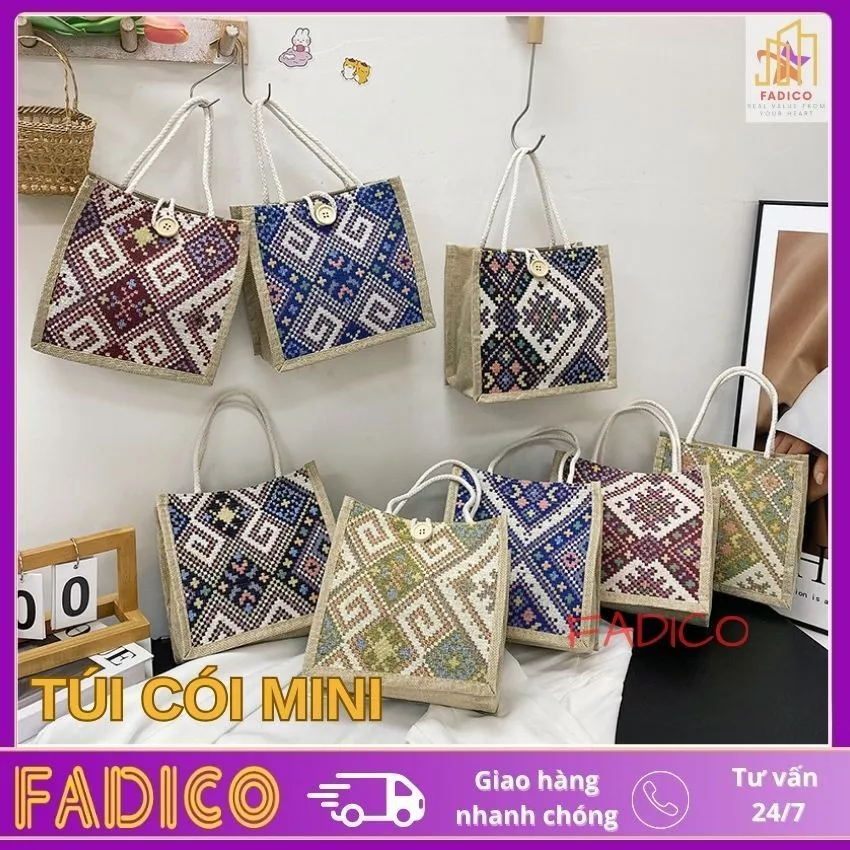 Túi cói mini,túi xách nữ chất liệu vải cói,kích thước 20x21x13cm,kiểu dáng trẻ trung phù hợp đi làm đi chơi-fadico