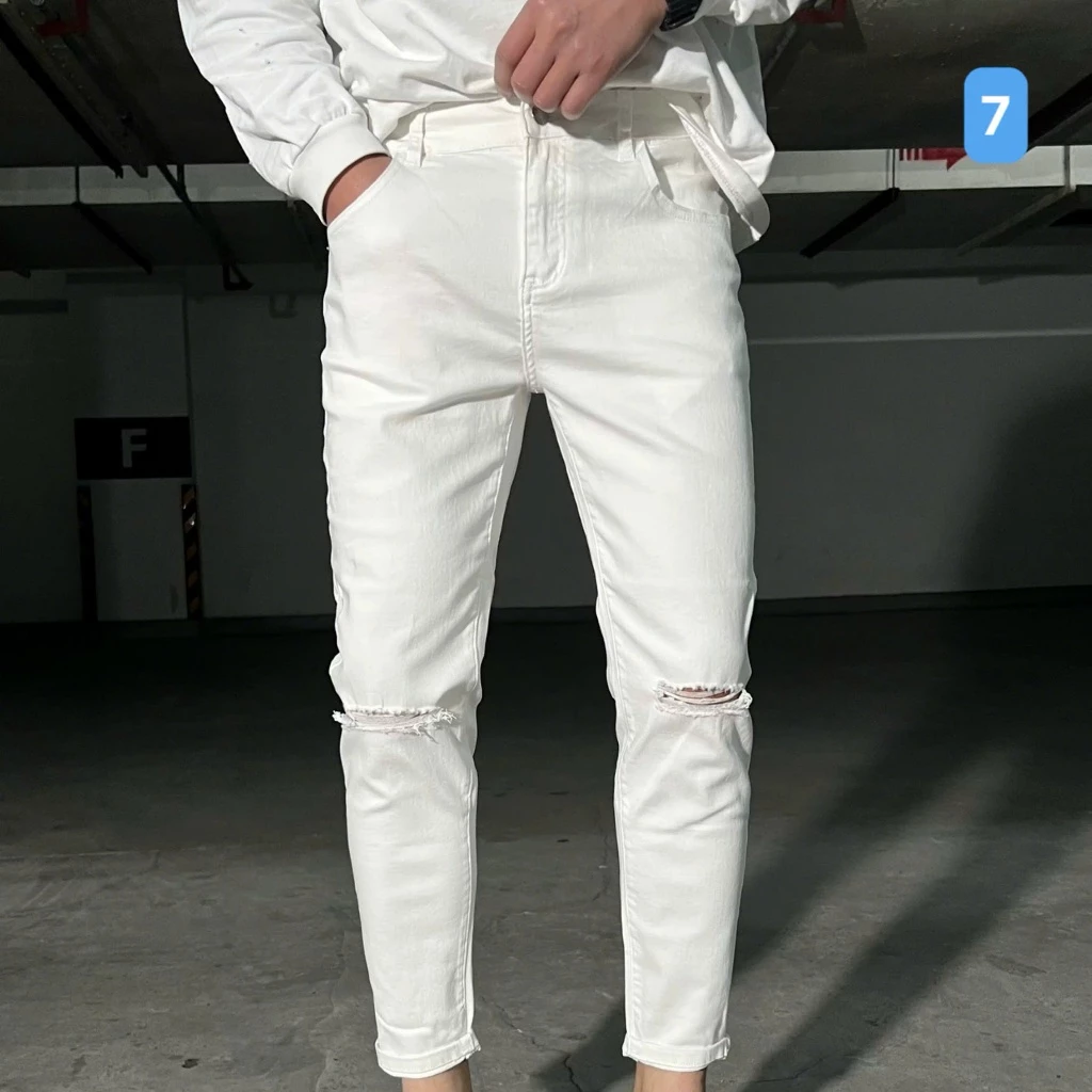 Quần rin dài nam màu trắng rách gối, quần bò nam OBOKFASHION ống suông phong cách hàn quốc co giãn cao cấp QDN07