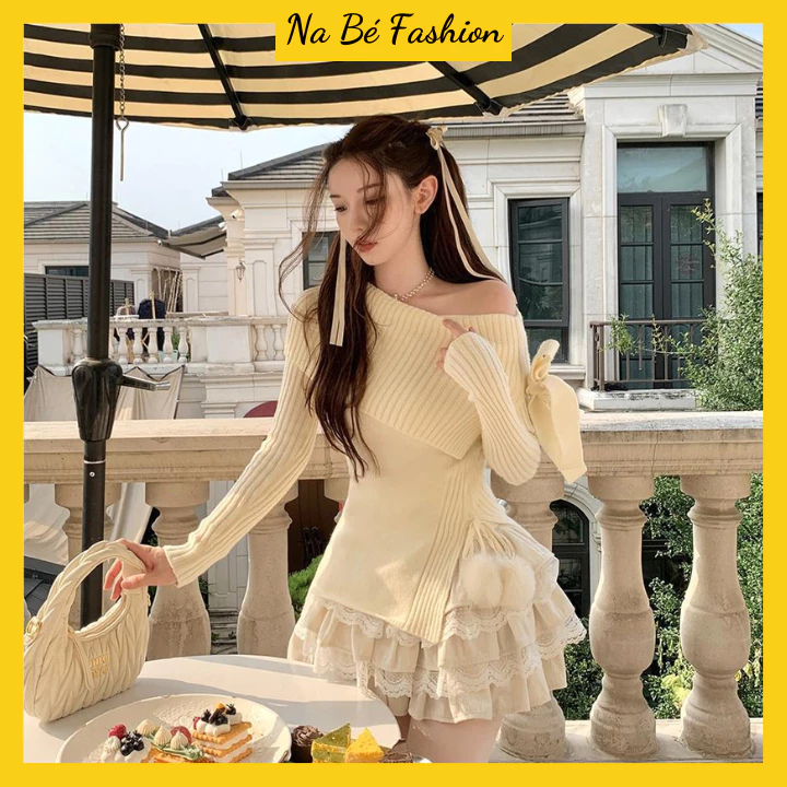 Set váy nữ, Áo len trễ vai kèm chân váy nhiều tầng thắt nơ ngang vai phong cách bánh bèo