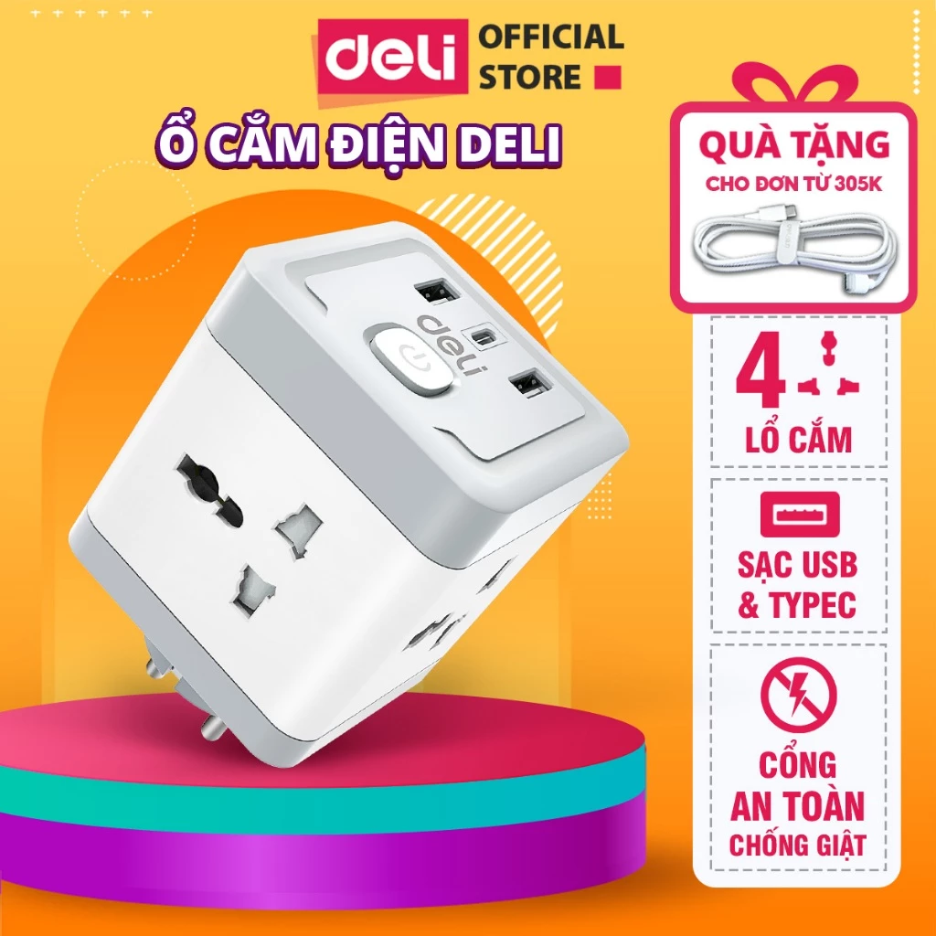 Ổ Cắm Chia Điện DELI Ổ Chia Điện Đa Năng Cổng Sạc USB TypeC Chống Giật An Toàn Công Suất 2500W