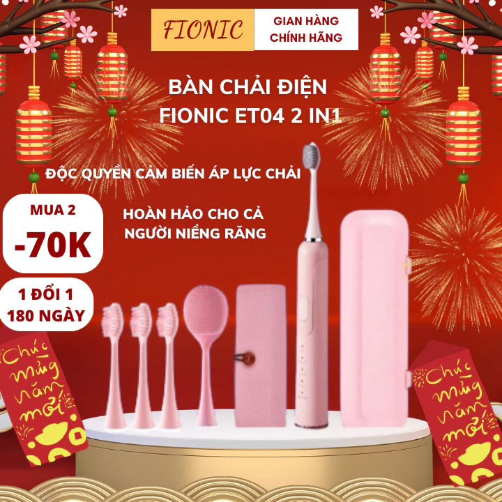 Bàn Chải Điện Kèm Máy Rửa Mặt Niềng Răng Đánh Tự Động Lông Mềm FIONIC ET04