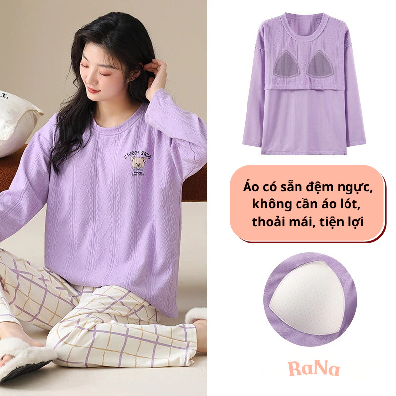 Bộ Pijama Dài Tay Nữ Có Đệm Ngực RaNa Thời Trang Mặc Nhà Thoải Mái Và Thanh Lịch