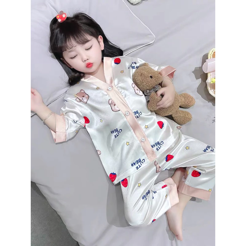 Bộ pijama lụa mặc ở nhà cho bé gái,tay ngắn với họa tiết dễ thương chất lụa bóng mềm mịn mát thấm hút mồ hôi tốt 8-27kg