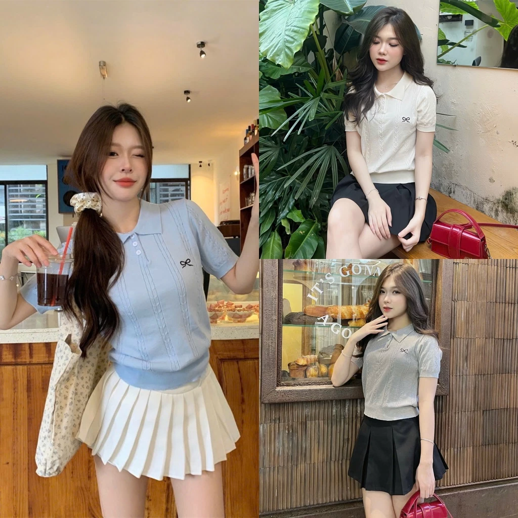 Áo len cộc cổ polo thêu NƠ hàng QC loại 1 chất mịn mát SUMIISHOP mã AL93 Nữ Women