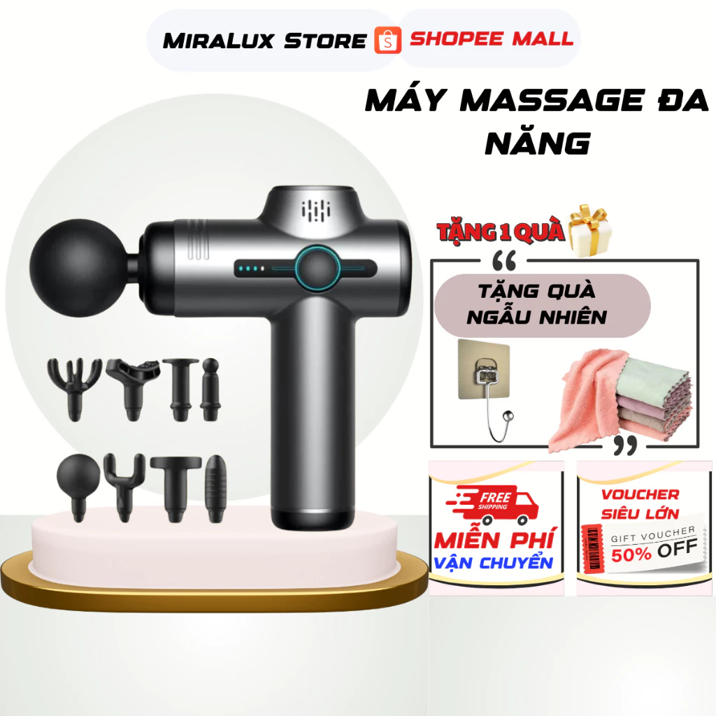 Máy Massage Cầm Tay Chính Hãng 32 Chế Độ, 8 Đầu Massage, 13800 vòng/p, Pin 2500mAh BẢO HÀNH 6T