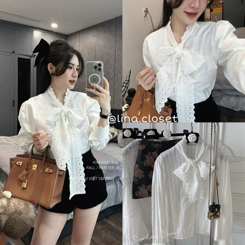 Áo sơ mi thô trắng CHẤM BI thắt nơ ren to phong cách tiểu thư dành cho nữ