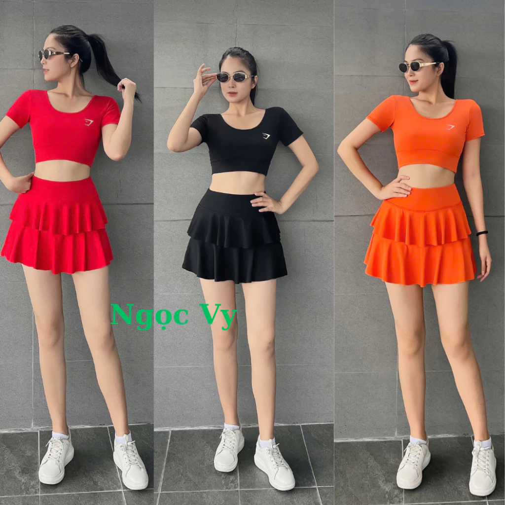 Bộ Váy 2 tầng áo có tay dây đan sau Tập Gym Nữ, Quần Áo Tập Gym Yoga Aerobic Pickleball Chạy Bộ Đạp Xe Nữ