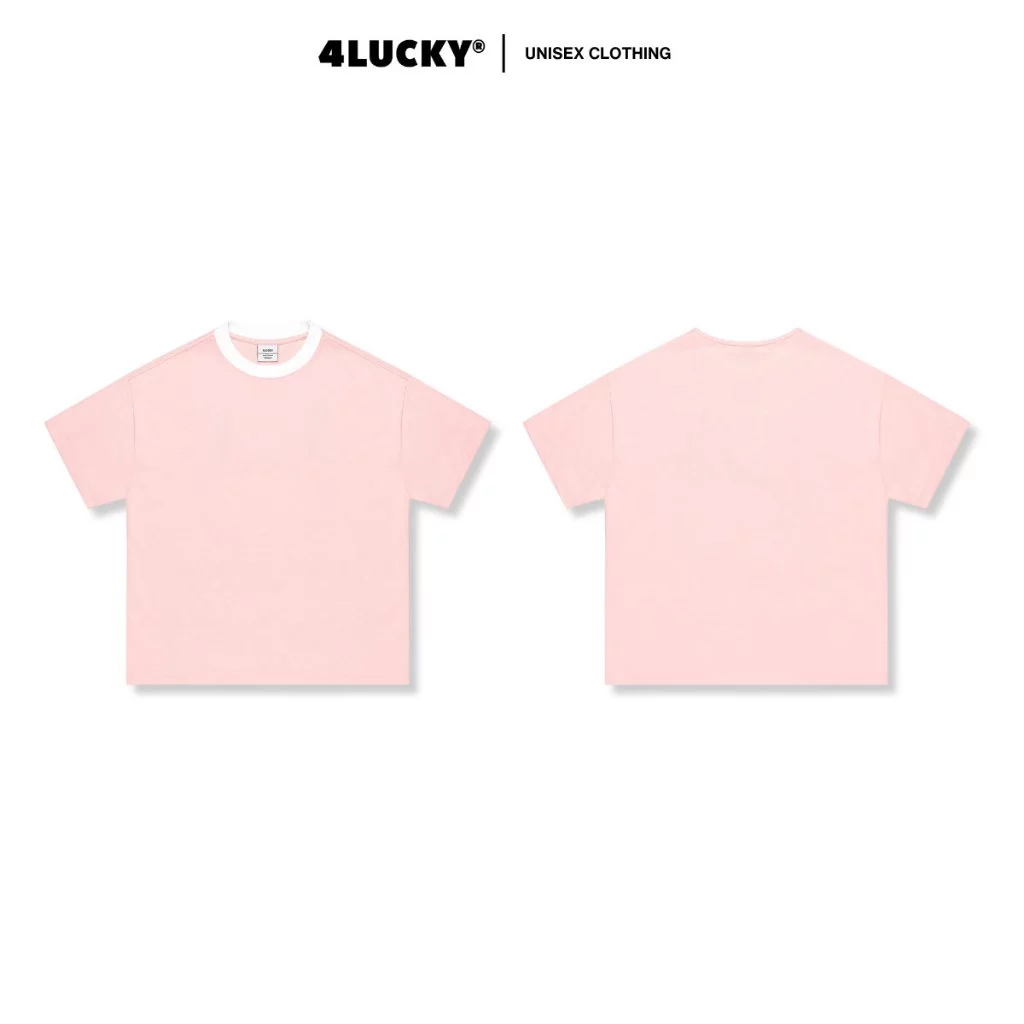 Áo Thun Boxy Màu Hồng Phối Cổ Bo Trắng Unisex Limited 4Lucky 6417 - Áo Thun Cotton Cổ Tròn Co Giãn Thoáng Mát
