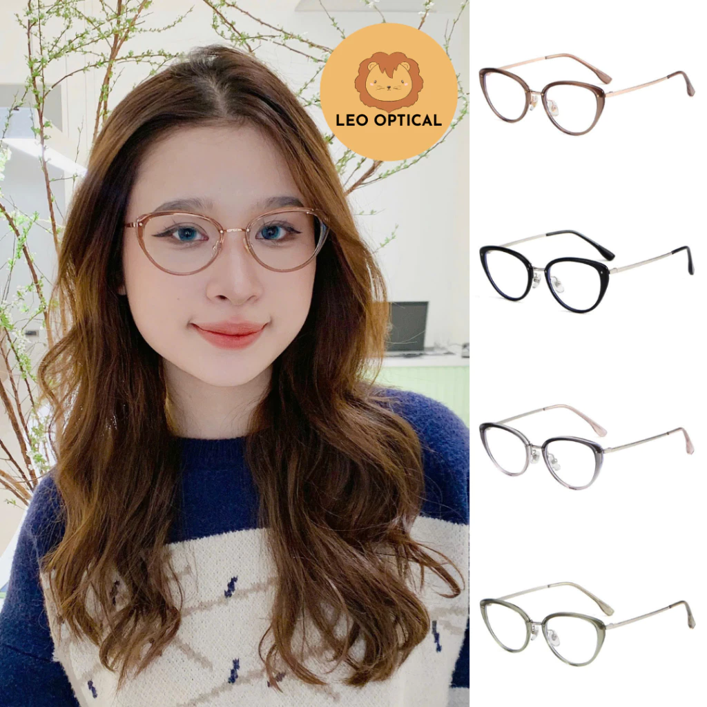 Kính mắt mèo cao cấp chuyên lắp cận nhựa acetate phối kim loại nhẹ bền sang LEO OPTICAL MJ6200