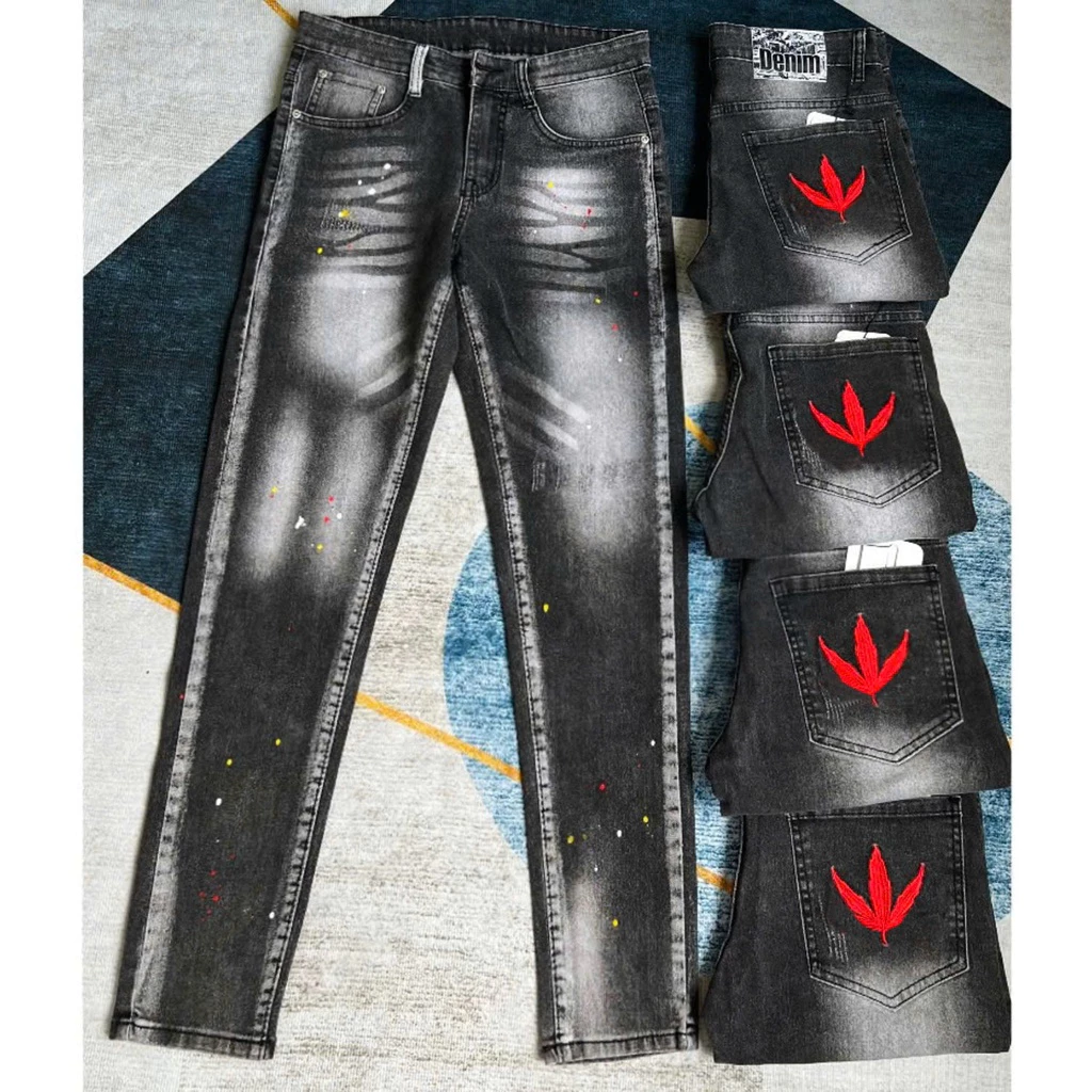 quần bò jean nam dài dsq đen xám rách thêu lá đỏ kiểu vẩy sơn cá tính,chất jean dày co giãn tốt chuẩ shop