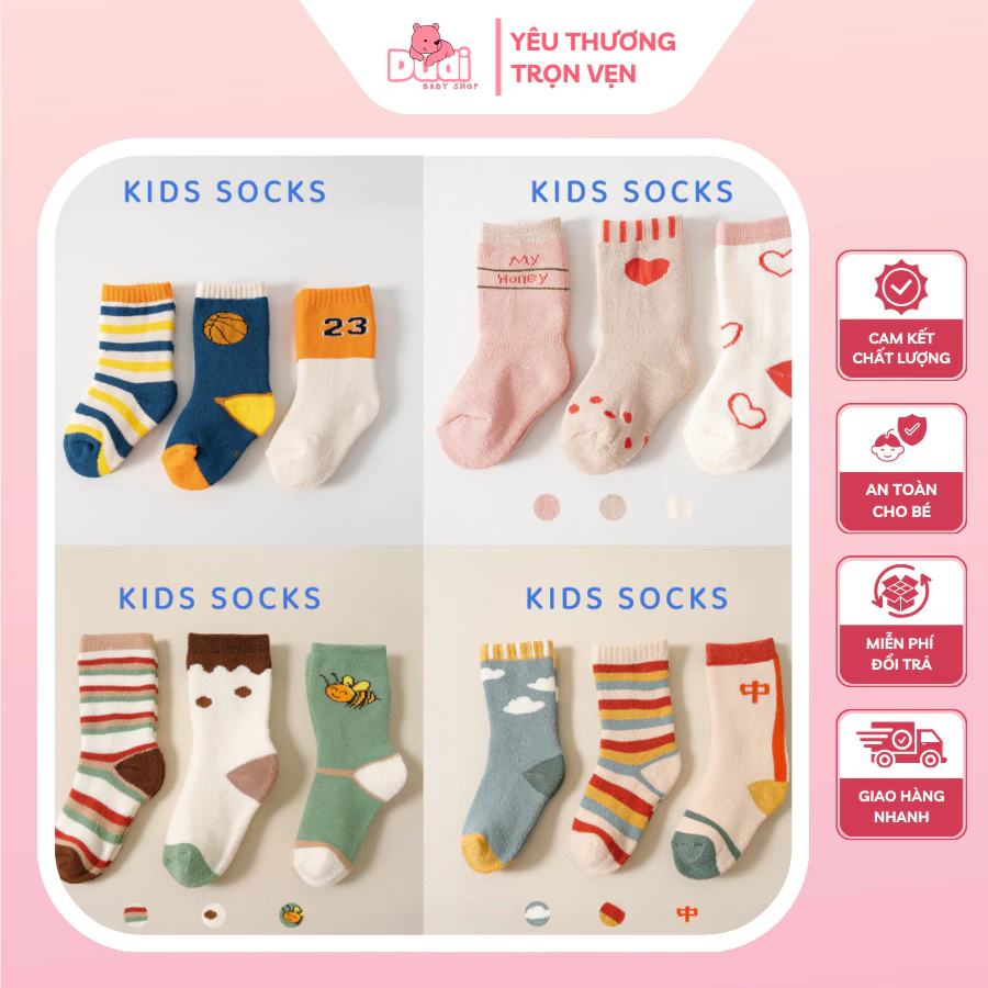 Combo 3 Đôi Tất Chân Cotton Nỉ Bông Mềm Mại Ấm Áp Cho Bé Trai, Bé Gái Từ 0-3 Tuổi, Chống Trơn Trượt, Xinh Xắn - TC02