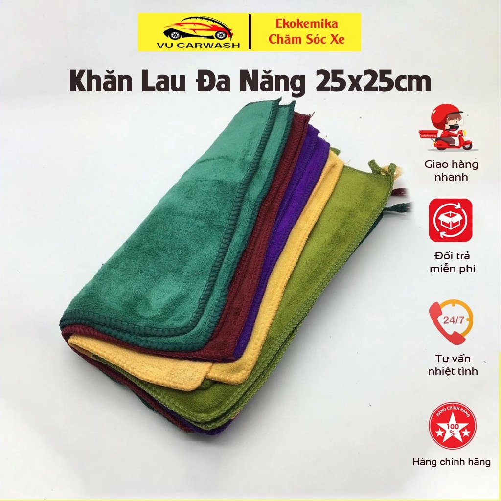 Khăn Lau Xe Microfiber Thấm Hút - Khăn Lau Đa Năng Ô tô, Xe Máy Bàn Ghế, Nhà Bếp 25x25cm(màu ngẫu nhiên)