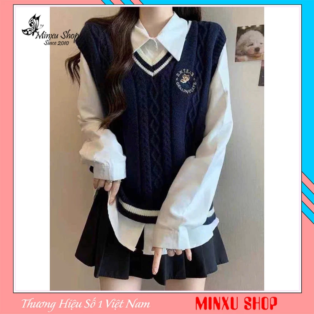 Áo Len Gile Cổ Tim Thêu GẤU TRÒN Vân Vặn Thừng Chất Dày Dặn Hàng QC Minxu Shop GL31K