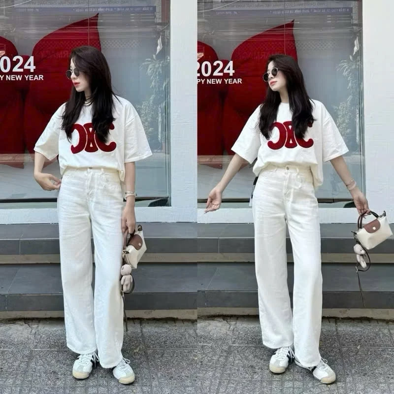 Quần Bò Jeans Nữ Ống Rộng, Quần Bò Denim Suông Ống Rộng Trơn Màu Trắng Cạp Cao Siêu Hách Dáng Cực Đỉnh