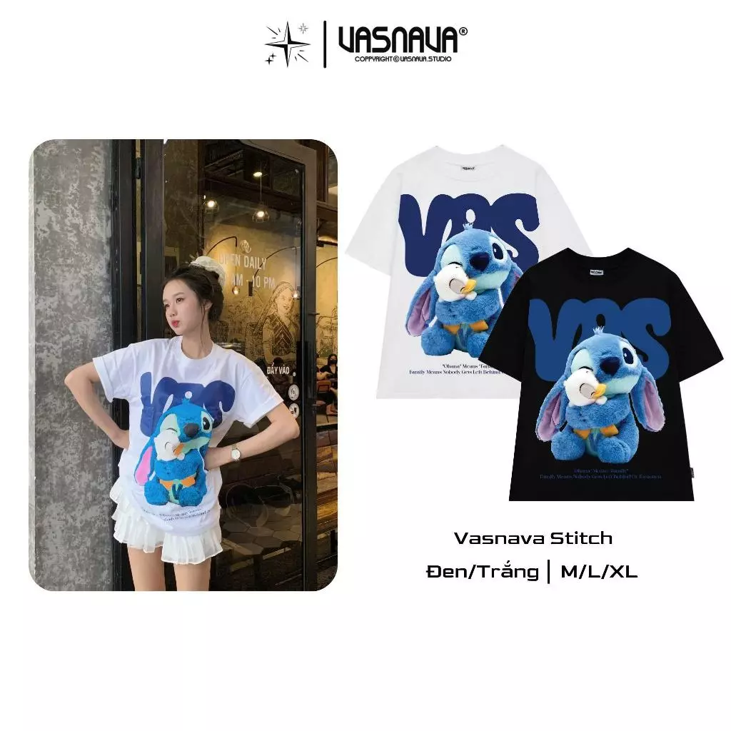 Áo Thun Vasnava Stitch - Cotton Nam Nữ Unisex Tay Lỡ Oversize Cổ Tròn Top Women