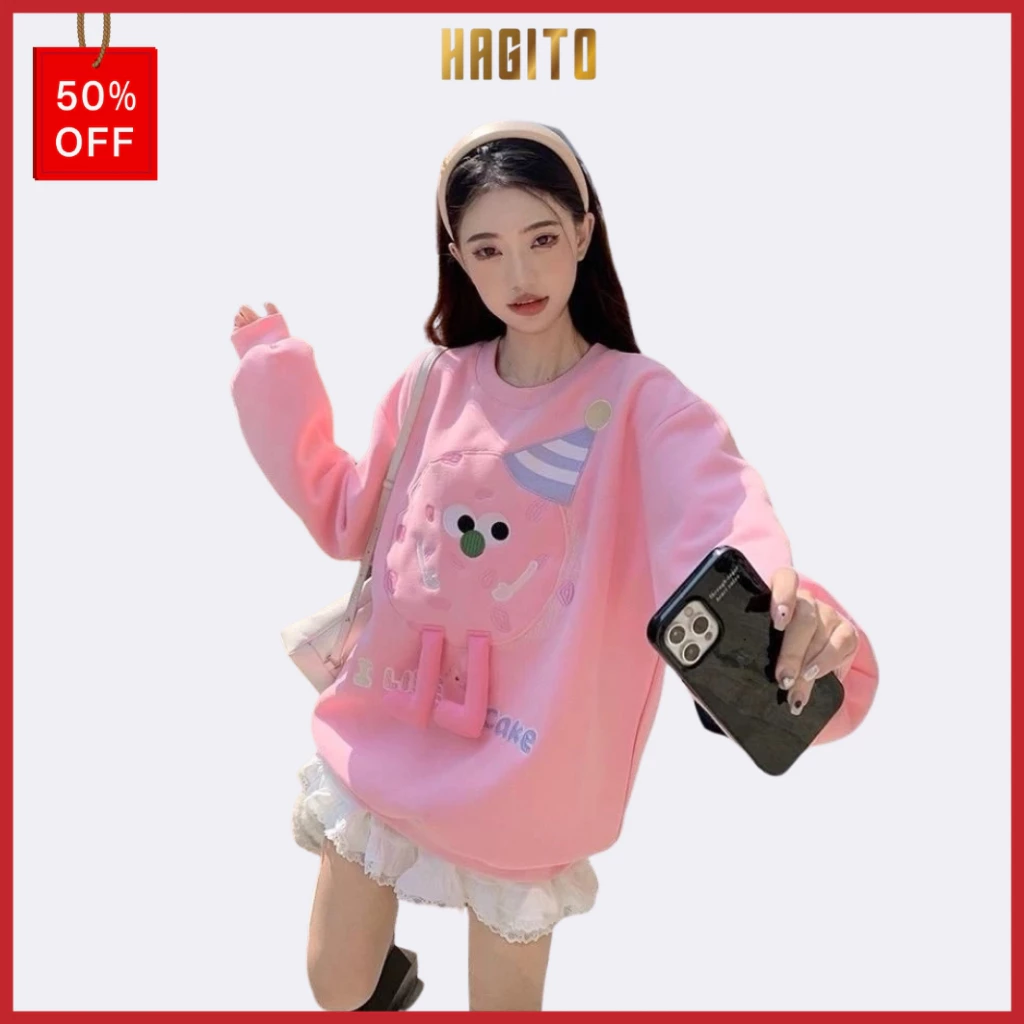 Áo sweater cổ hình tròn white color in ấn hình quả cầu hồng cute đội mũ tay dài bo gấu cứng cáp ulzzang nữ- Dali