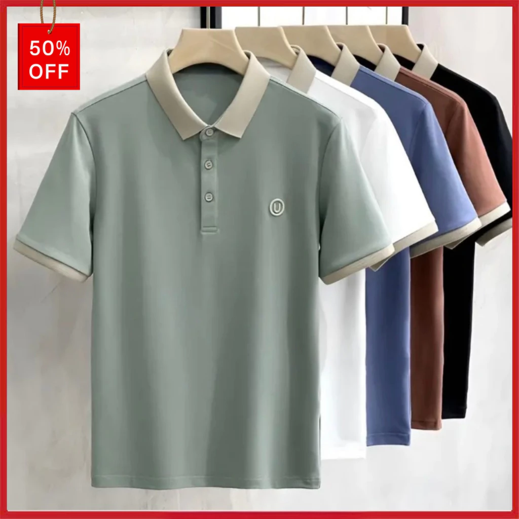 Áo Polo Nam HAGITO Thêu Chữ U, vật liệu Vải Poly Dệt Kim thời thượng Thấm Mồ Hôi, áo phông thun Nam cổ bẹ phối màu