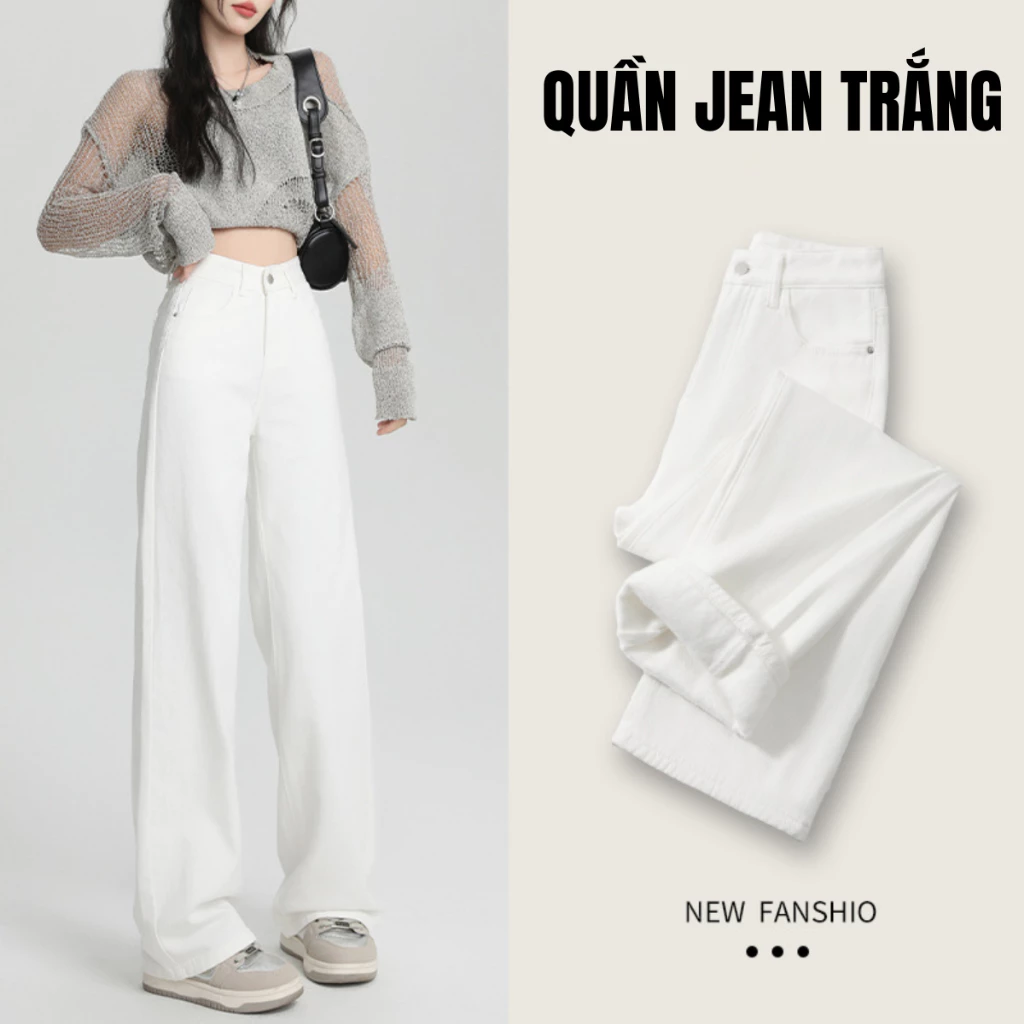 Quần jeans nữ ống suông trơn màu Trắng MIAA cạp cao dáng rộng suông Dáng dài Lưng Cao hack dáng BigSize SML