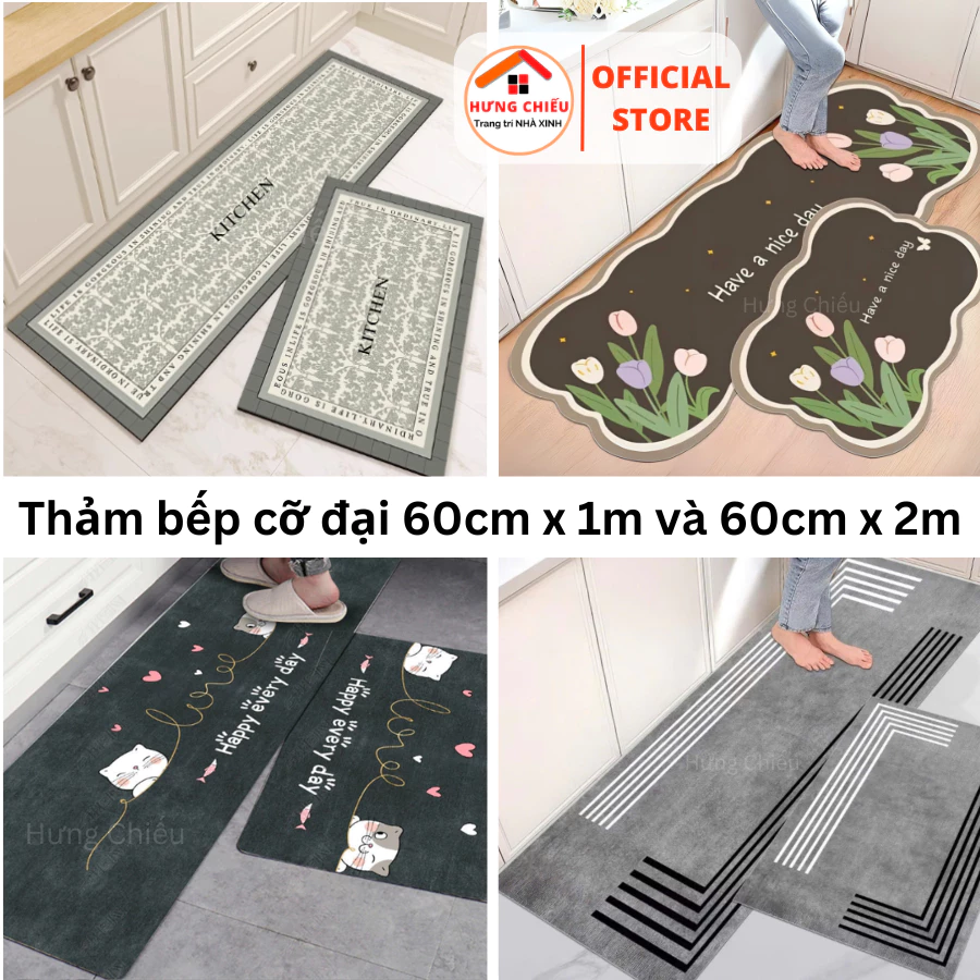 Bộ thảm bếp 2 chiếc (60x100cm + 60x200cm) thấm hút nước nhanh, đế chống trượt chắc chắn, dễ dàng vệ sinh Hưng Chiếu ED10