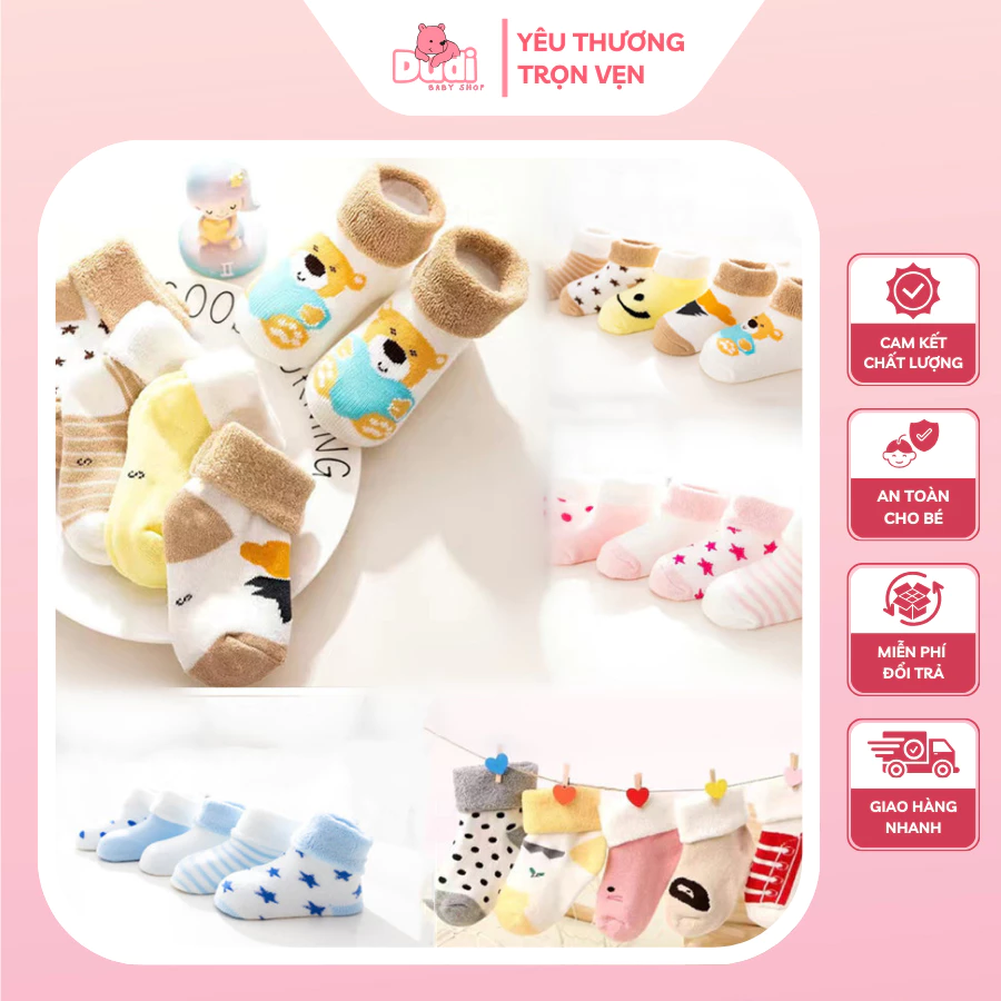 Combo 5 Đôi Tất Chân Cotton Nỉ Bông Mềm Mại Ấm Áp Cho bé Từ 0-3 Tuổi, Chống Trơn Trượt Xinh Xắn Đáng Yêu - Gấp Gấu TC01