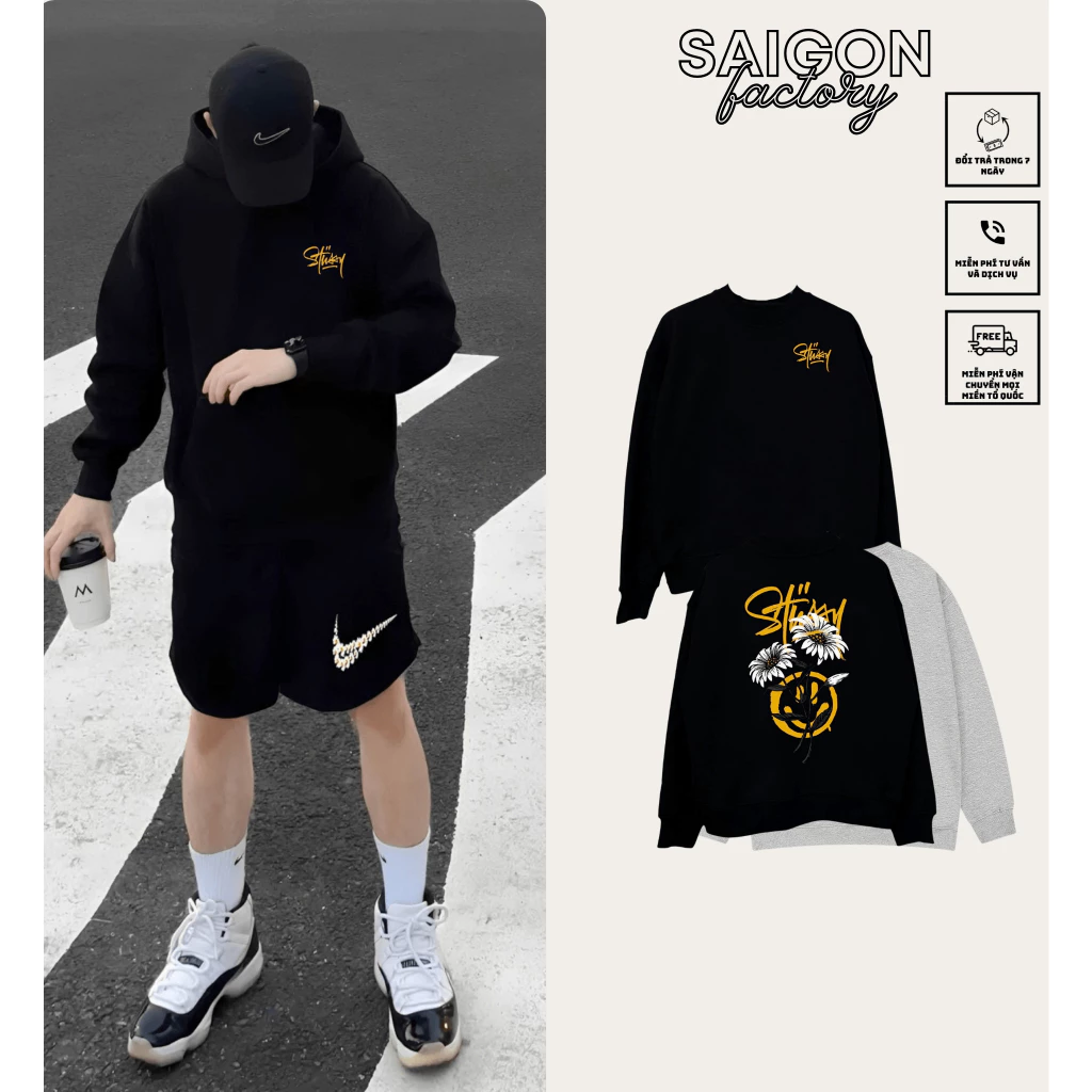 [Vải Xịn] Áo Sweater Stu.ssy Bông Hoa Saigon Factory  - Hot Trend Chất Vải Cotton 2 Chiều Dày Dặn Đứng Form