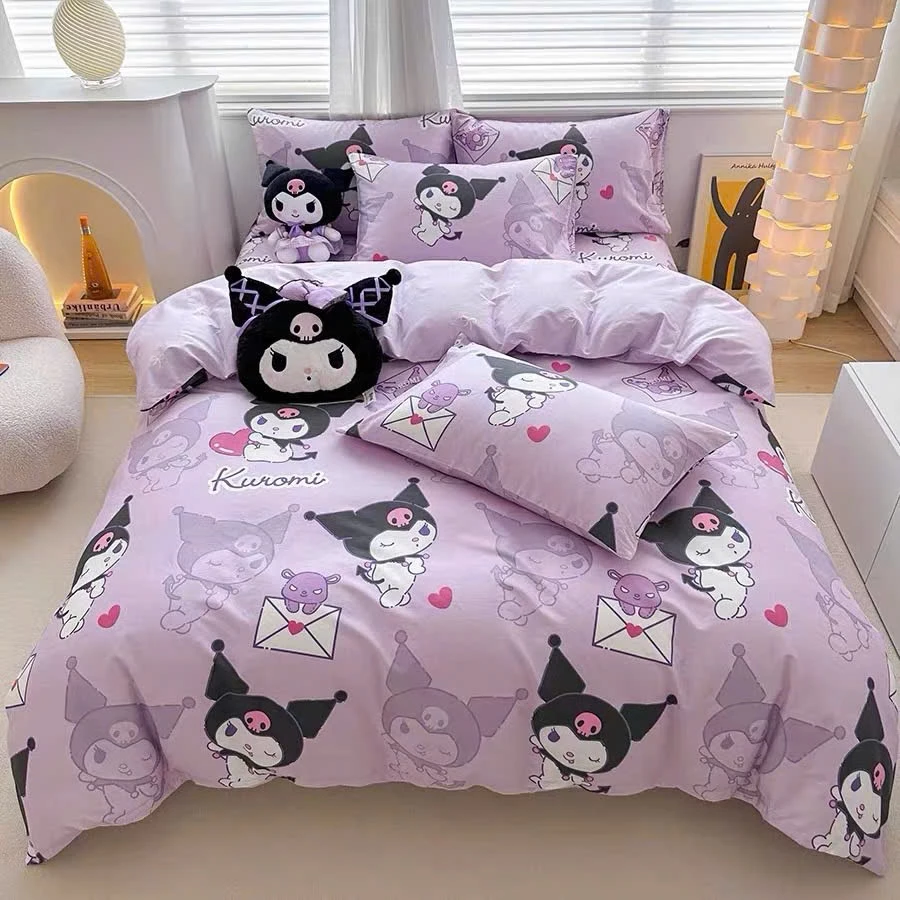 Bộ 5 món ga gối và chăn phao kuromi hot hit poly cotton chần bông dày loại 1 mềm êm