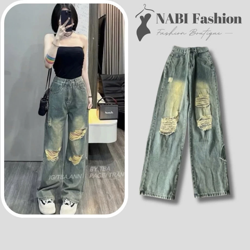 Quần Jean Ống Suông Nữ NABI Fashion Rách Gối Cá Tính Đủ Size S M L Quần Bò Ống Rộng Ôm Eo Hack Dáng Che Khuyết Điểm