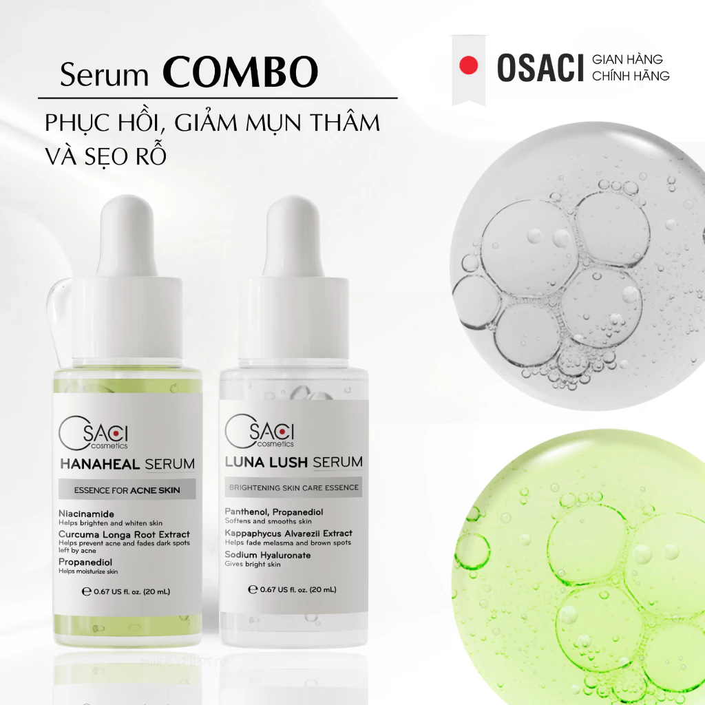 Combo 2 Serum Osaci Hana Heal + Luna Lush (2 chai x 20ml) – Giảm Mụn, Mờ Thâm, Mờ Sẹo, Dưỡng Sáng Da