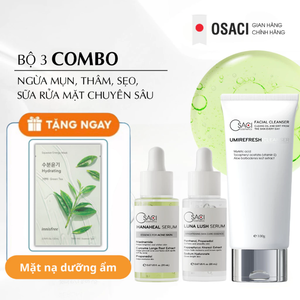 Combo bộ 3 ngừa mụn thâm sẹo Osaci Serum Hana Heal + Luna Lush 20ml + Sữa rửa mặt UmiRefresh Cleaner