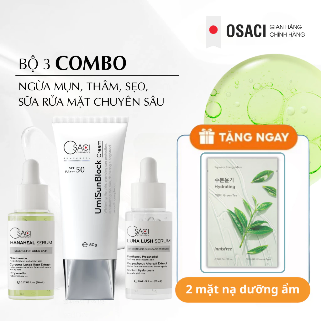 Combo bộ 3 ngừa mụn thâm sẹo Osaci Hana Heal +Serum dưỡng Luna Lush 20ml +Kem chống nắng UmiSunBlock