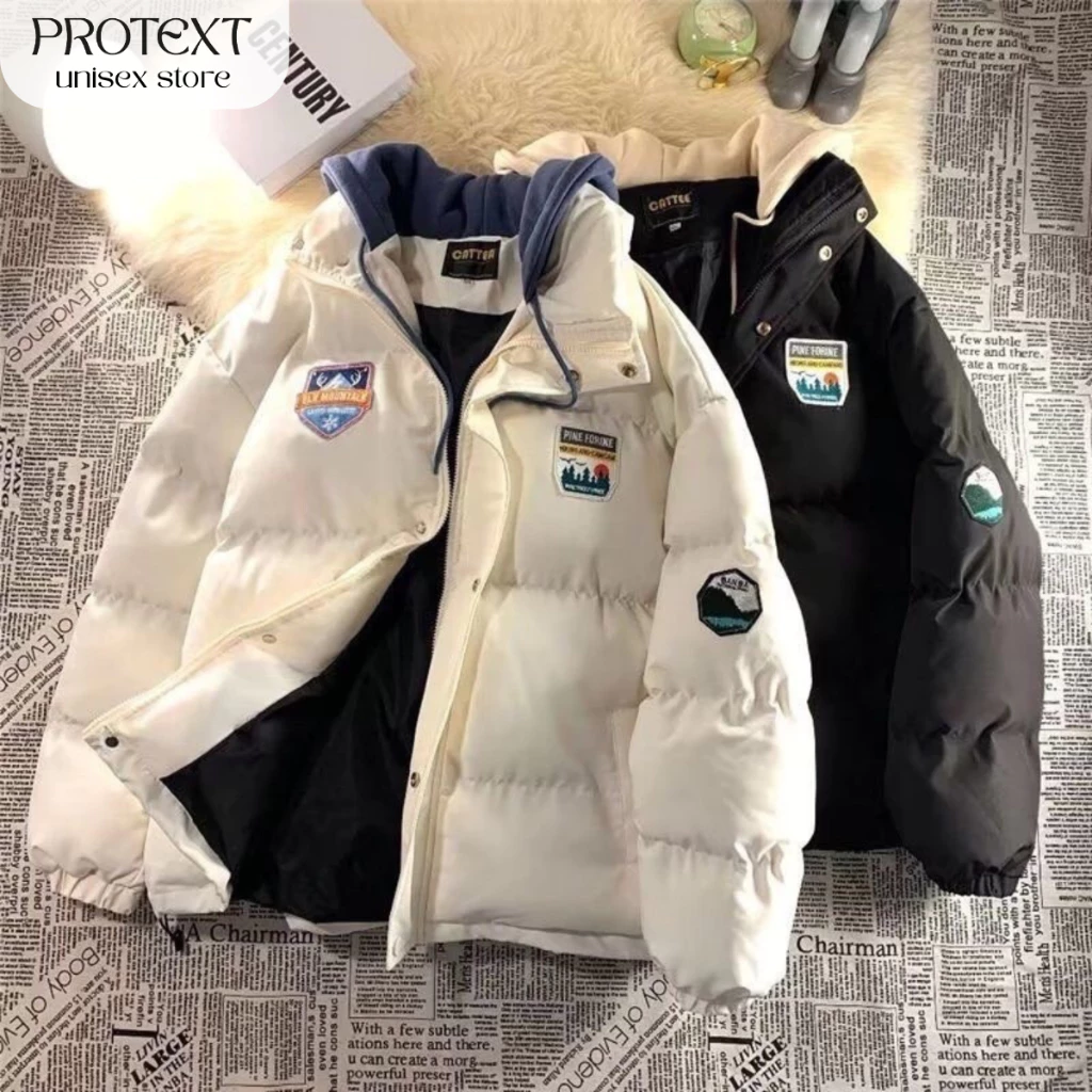 Áo khoác Phao 3 Lớp PROTEX phối mũ nỉ và logo trang trí 𝗛𝗮̀𝗻𝗴 𝗖𝗮𝗼 𝗖𝗮̂́𝗽 Mặc Mùa Đông Cực Ấm