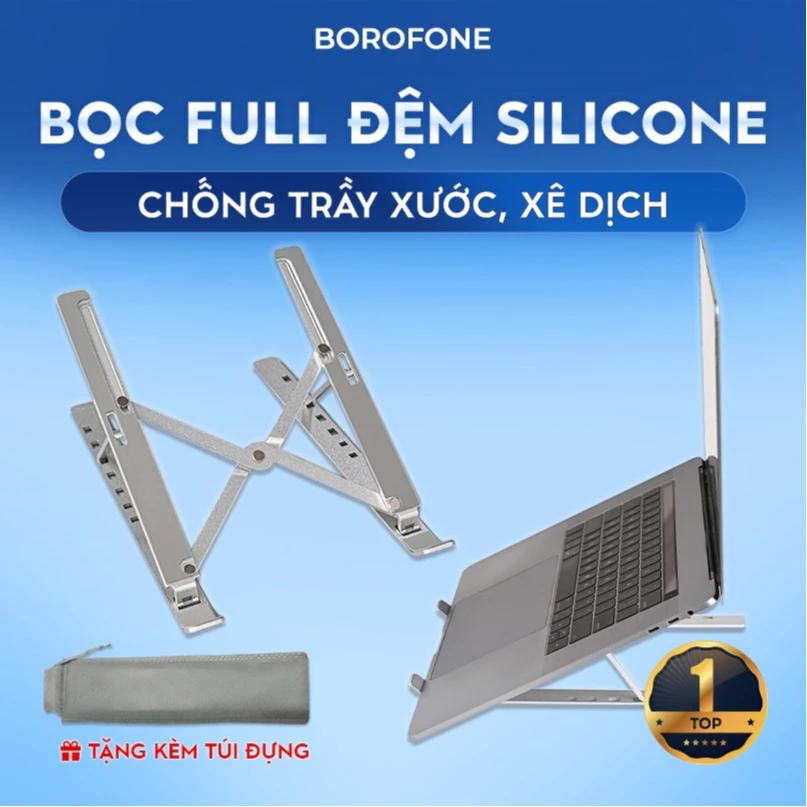 Giá đỡ LAPTOP, MACBOOK, IPAD BOROFONE N4 bằng nhôm có thể điều chỉnh được độ cao, đế tản nhiệt kê laptop