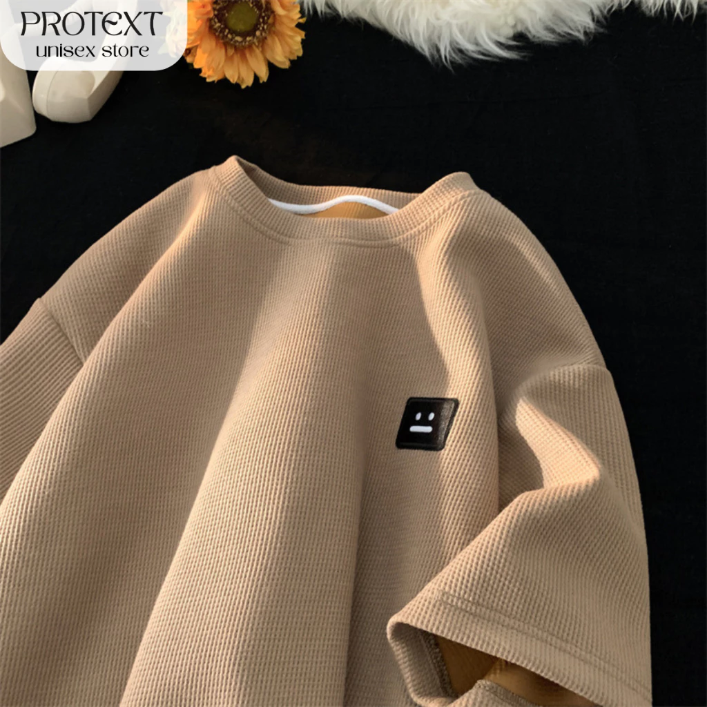 Áo Phông Unisex Form Rộng Thêu MẶT CƯỜI ở Ngực Chất Tổ Ong Gạo Không Nhăn Thương Hiệu Protex