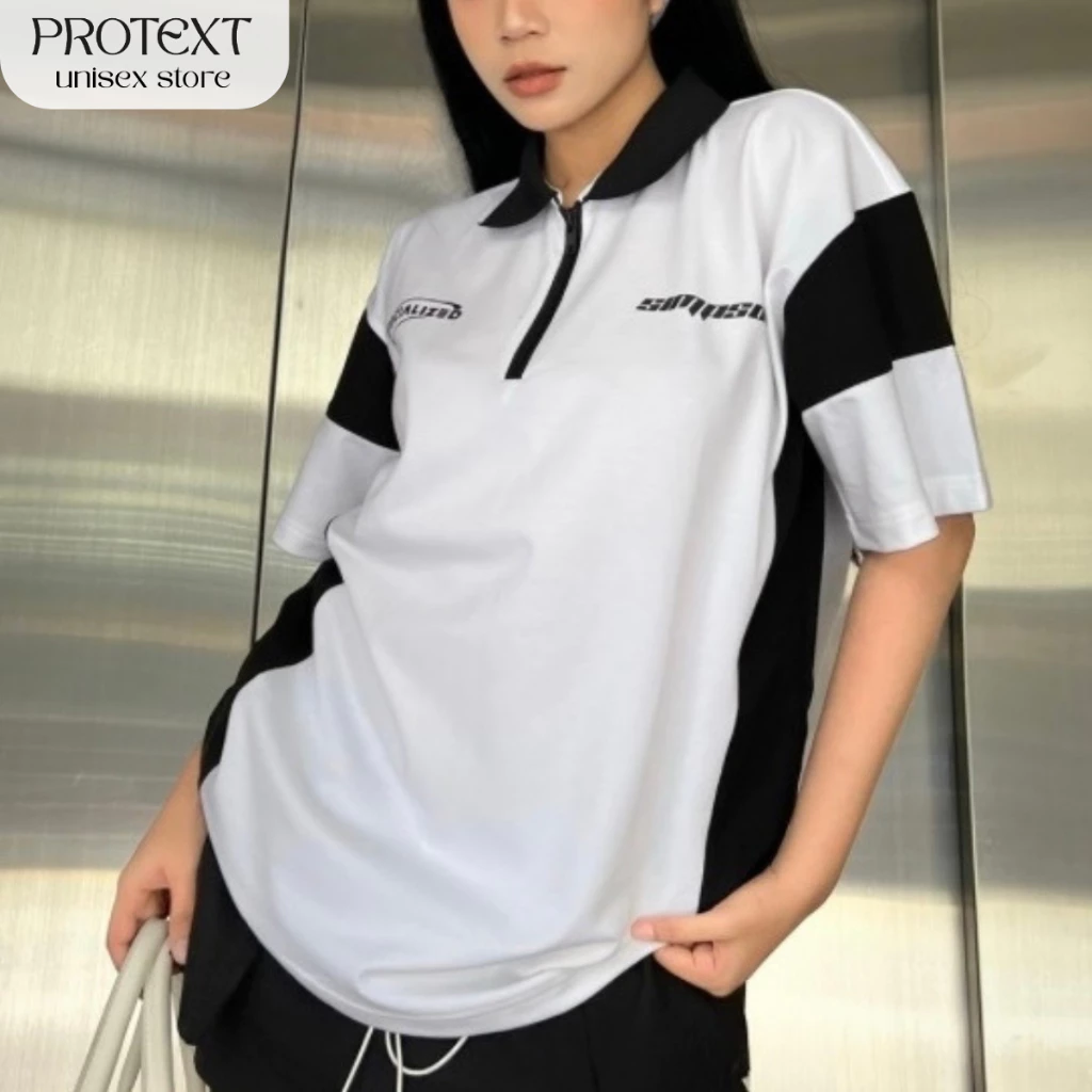 Áo Polo PROTEX Kiểu Dáng Unisex Phối Cổ Và Viền Tay Chất Liệu Polyester 2 màu Trắng Và Đen Oversize
