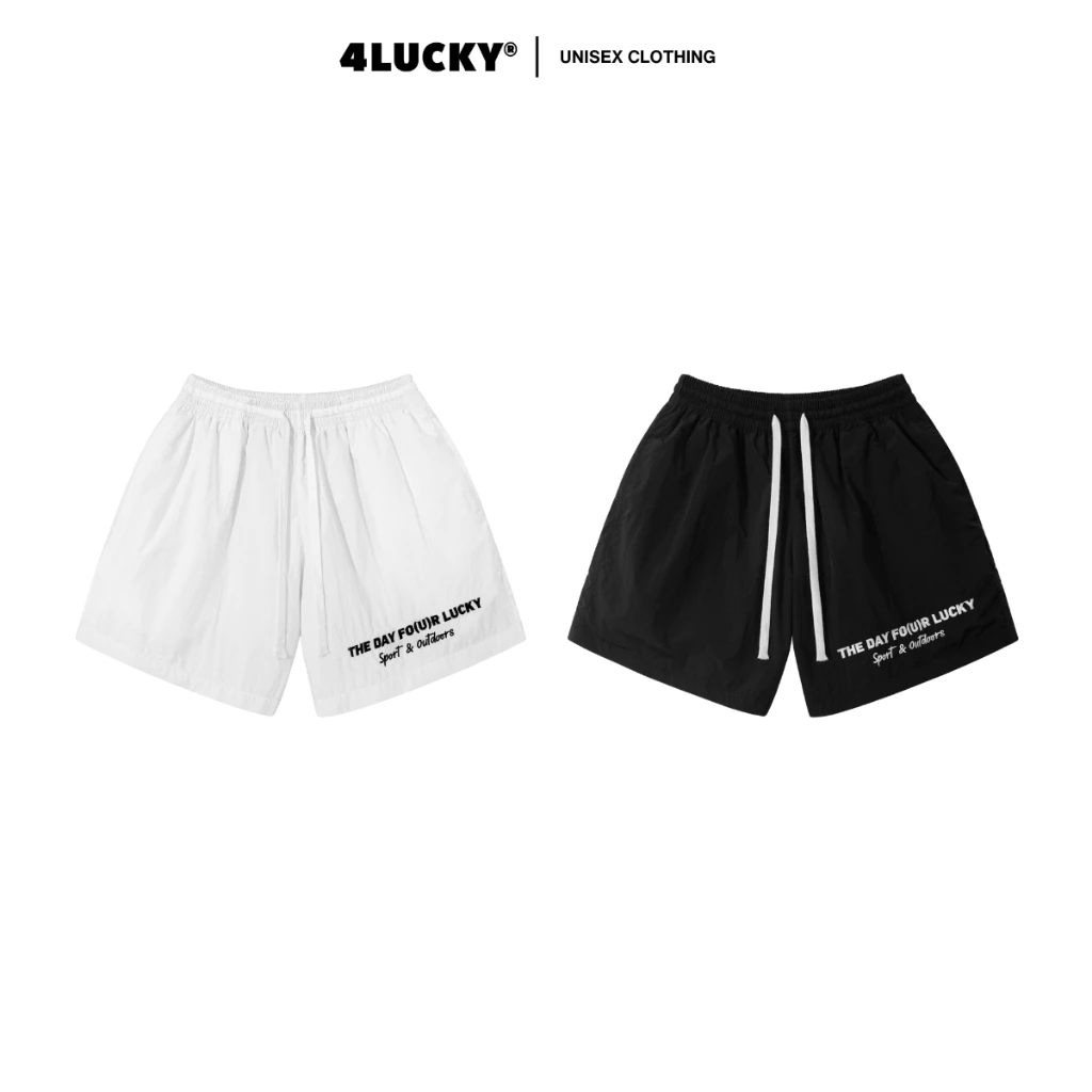 Quần Short Dù Nhăn 2 Lớp Thêu "THE DAY FO(U)R LUCKY" Unisex 4Lucky 6217, Lót Lưới Thêu Chữ Nổi Ngắn Trên Gối
