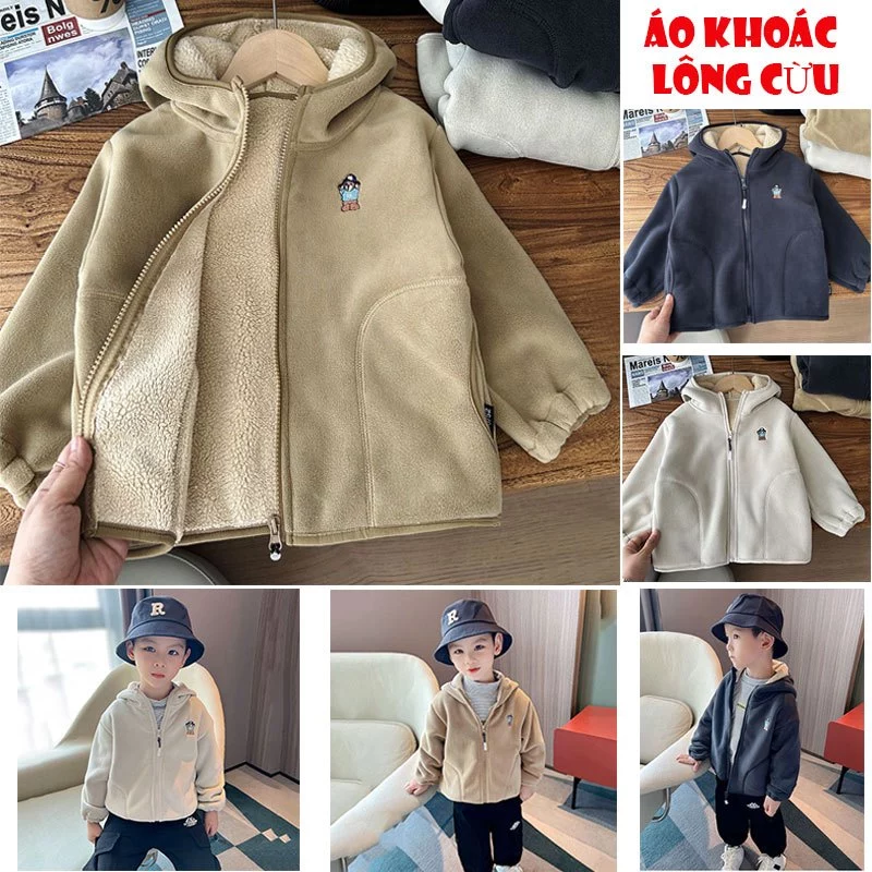 (14-36kg) Áo Khoác Dài Tay Bé Trai LÓT LÔNG CỪU CÓ MŨ Dày Dặn Cực Ấm cho ngày Đại Hàn - (HÀNG LOẠI 1)